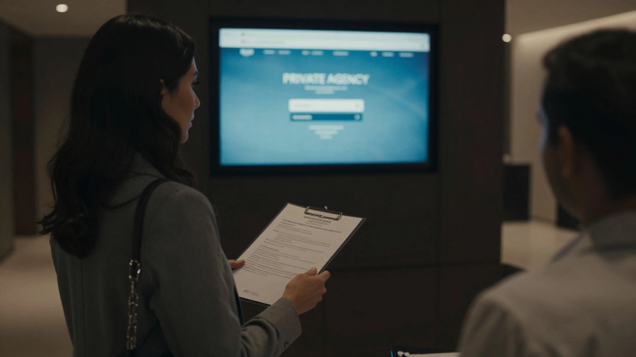 A woman handing a client a profile folder in a discreet Dubai apartment lobby at night.