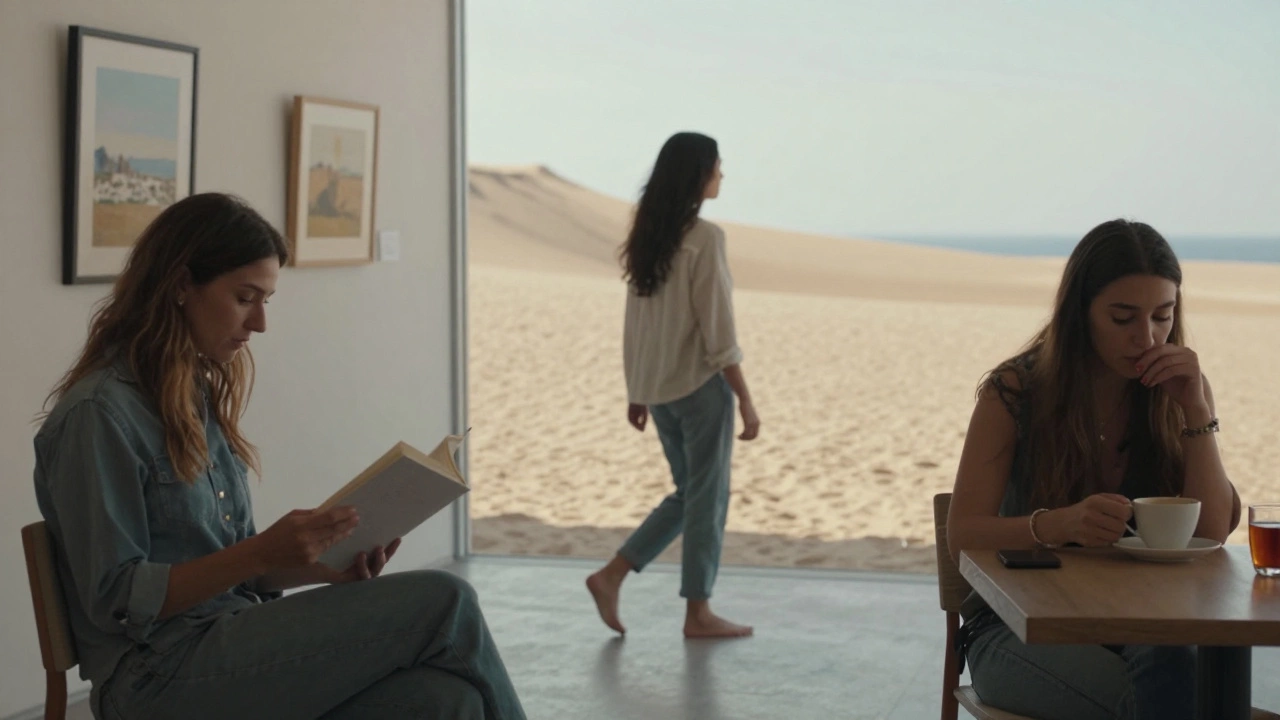 Three women in natural settings — reading in an art gallery, walking on desert dunes, and drinking tea by the sea.